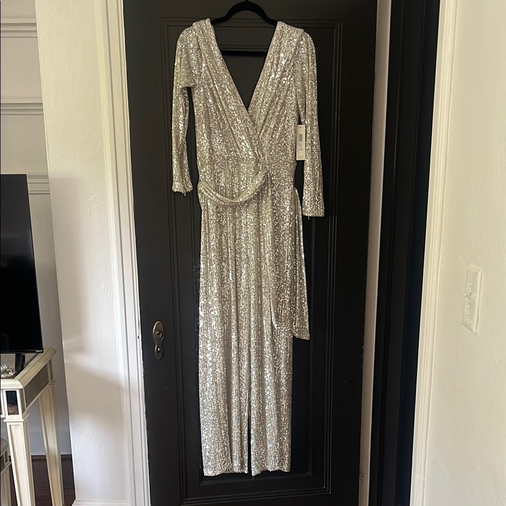Silver Sequin Long Sleeve Wrap Jumpsuit